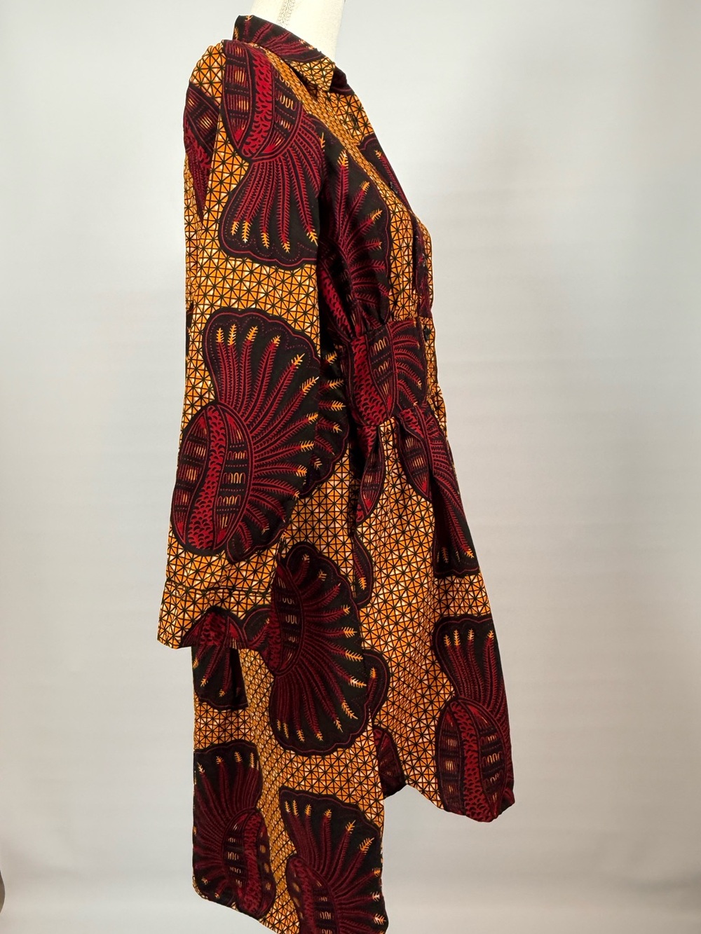 Grass-Fields Ankara African Belted Shirt Dress Long Sleeve Pockets Boho Size 10 - Picture 6 of 14